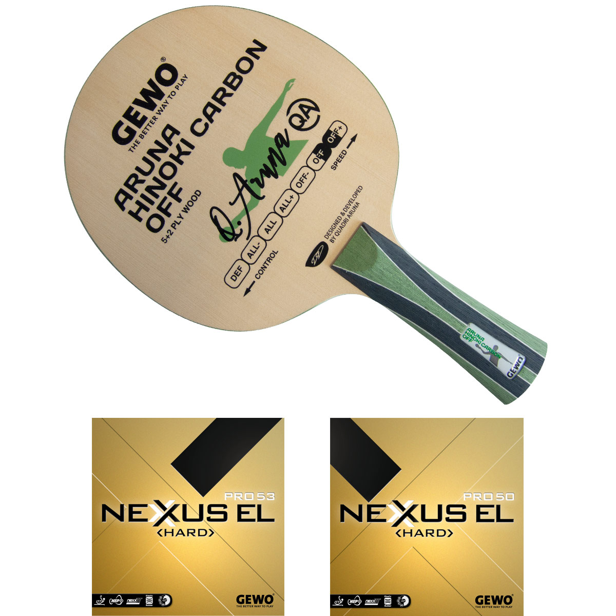 GEWO Schläger: Holz Aruna Hinoki mit Nexxus EL Pro53 Hard + Nexxus EL Pro50 Hard