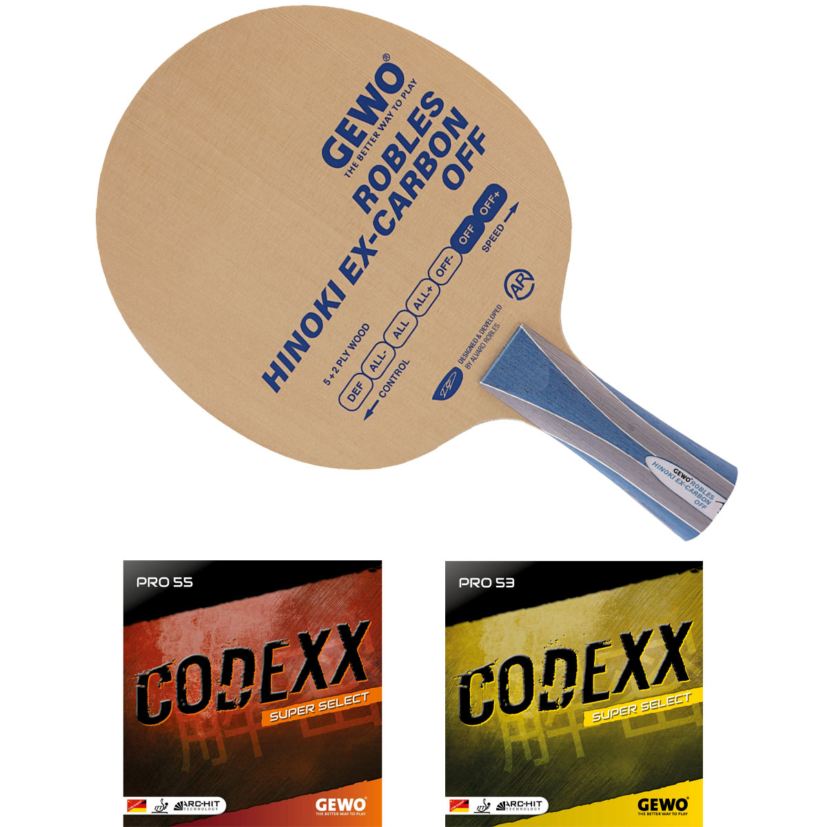 GEWO Schläger: Holz Robles Hinoki mit Codexx Pro55 SupSel + Codexx Pro53 SupSel